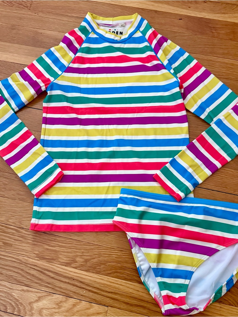 Mini Boden 11-12 Rainbow Stripe Long Sleeve Sun Safe UPF 40+ Rashguard Swimsuit